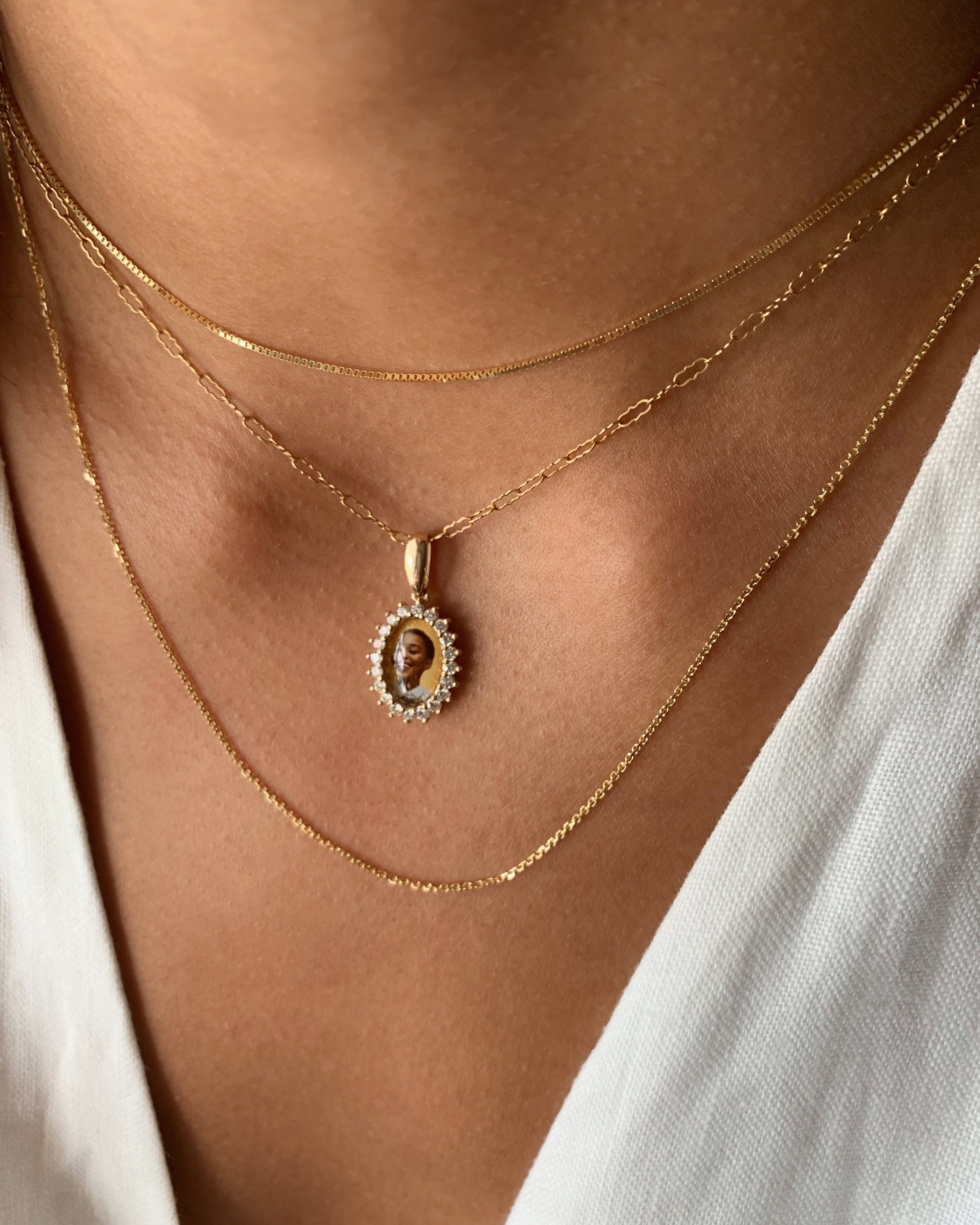 Oval 14k Gold Diamond Burst Photo Pendant
