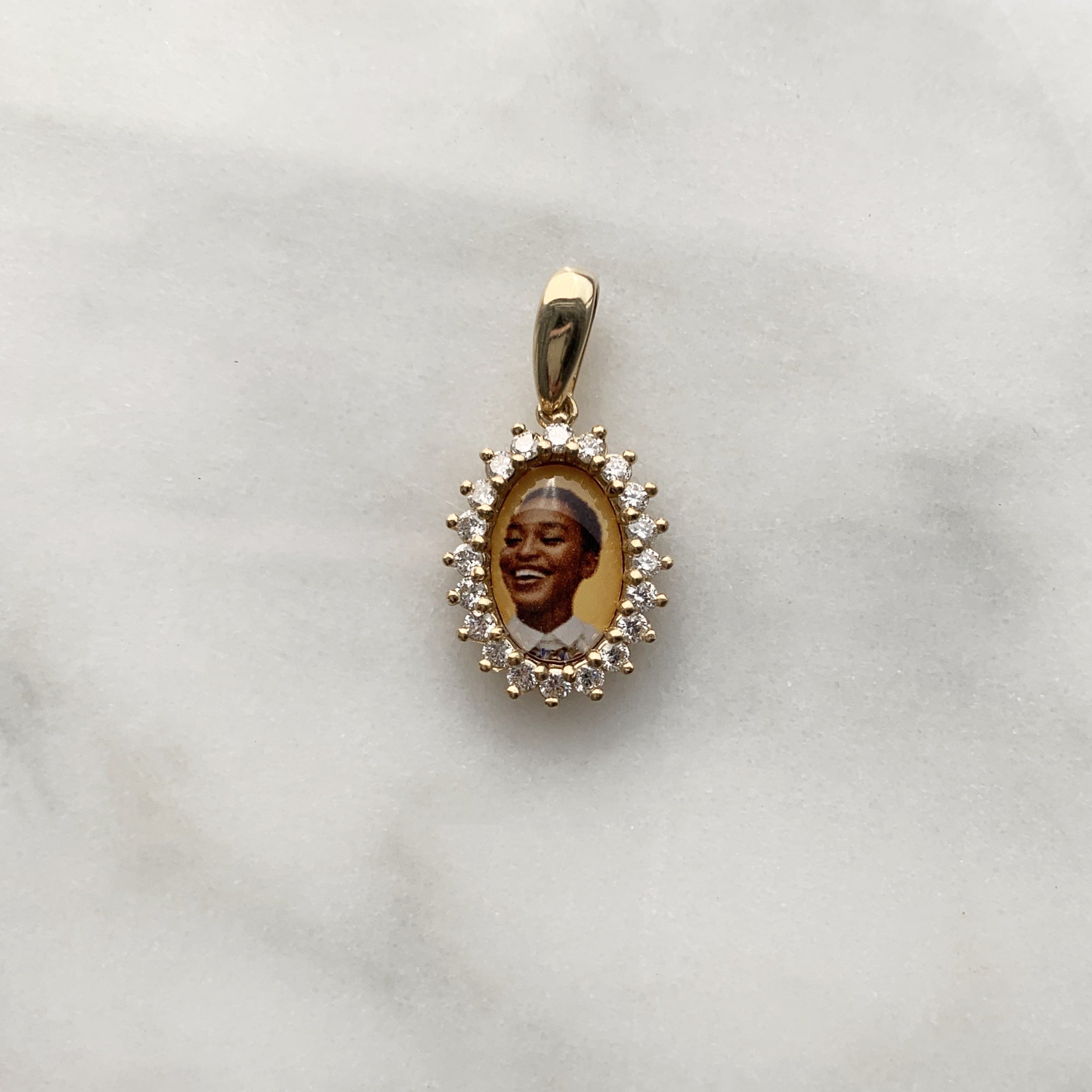 Oval 14k Gold Diamond Burst Photo Pendant