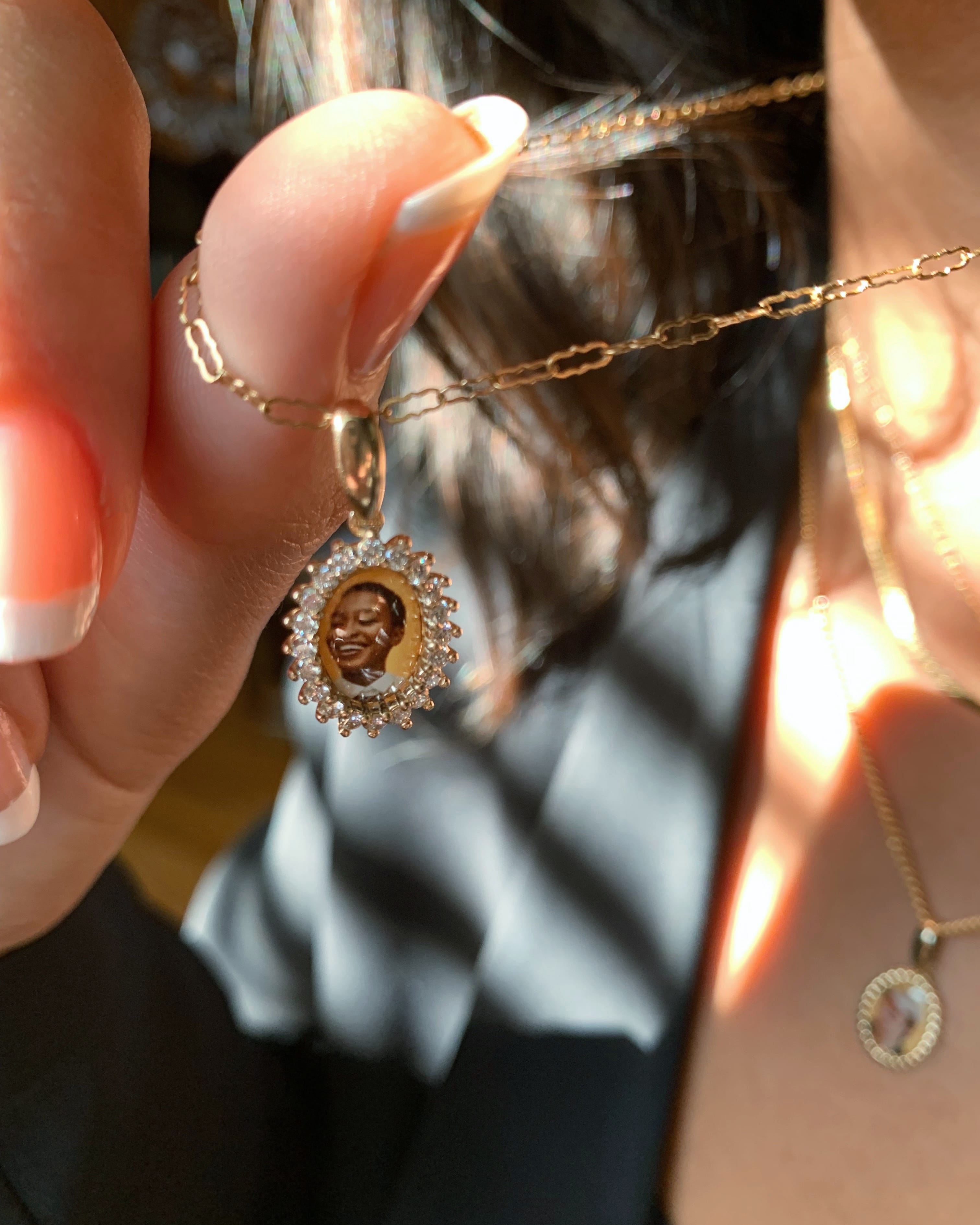 Oval 14k Gold Diamond Burst Photo Pendant