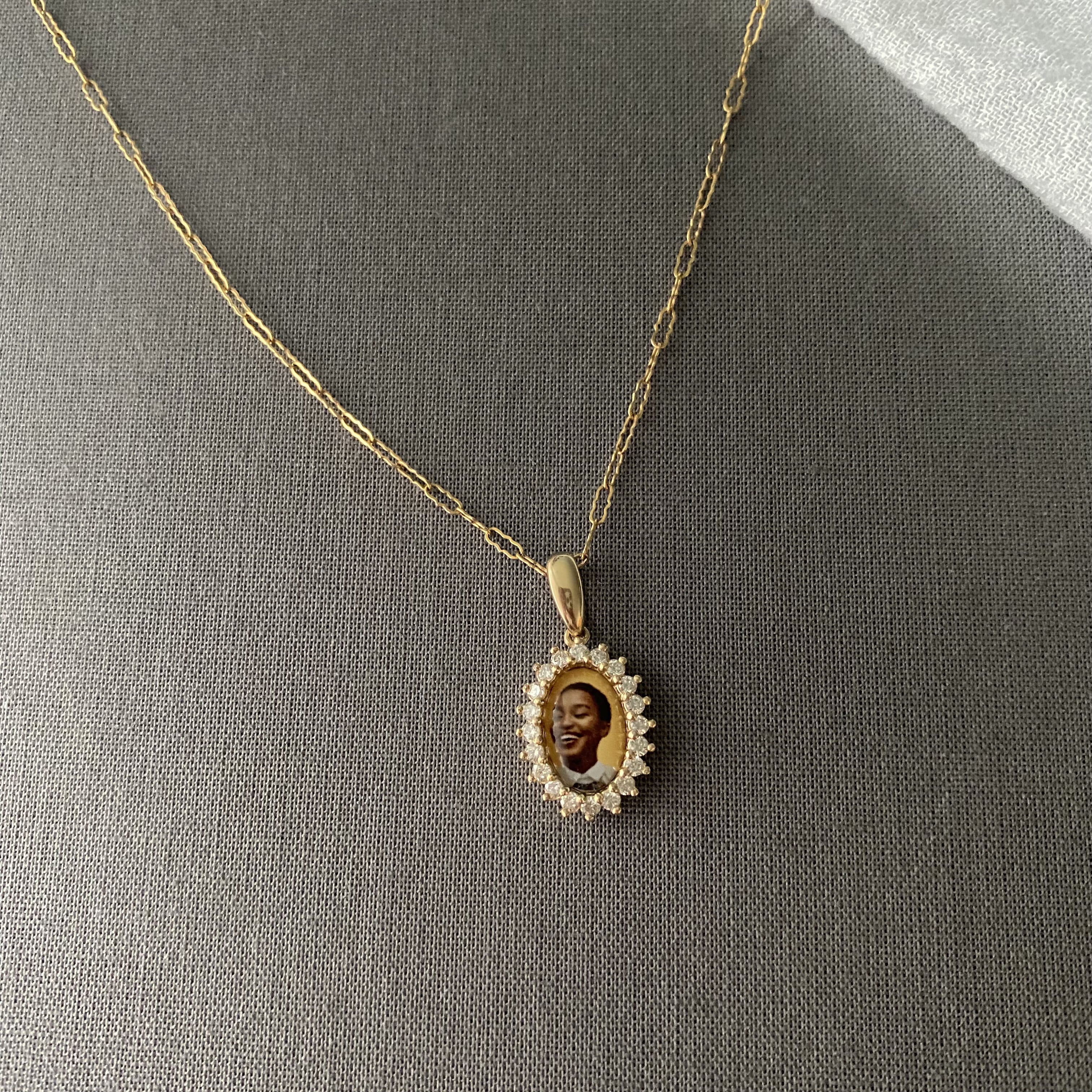 Oval 14k Gold Diamond Burst Photo Pendant