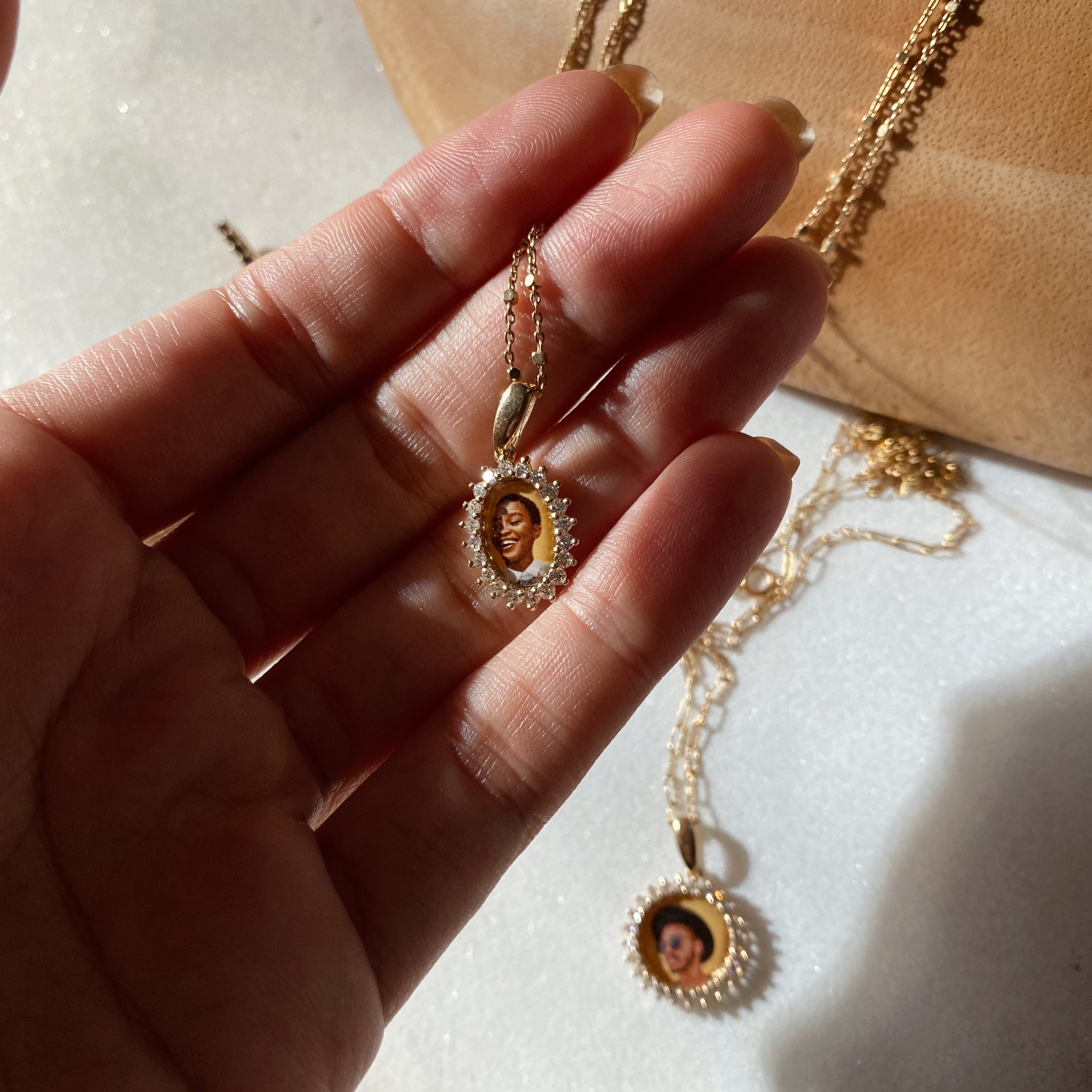 Oval 14k Gold Diamond Burst Photo Pendant