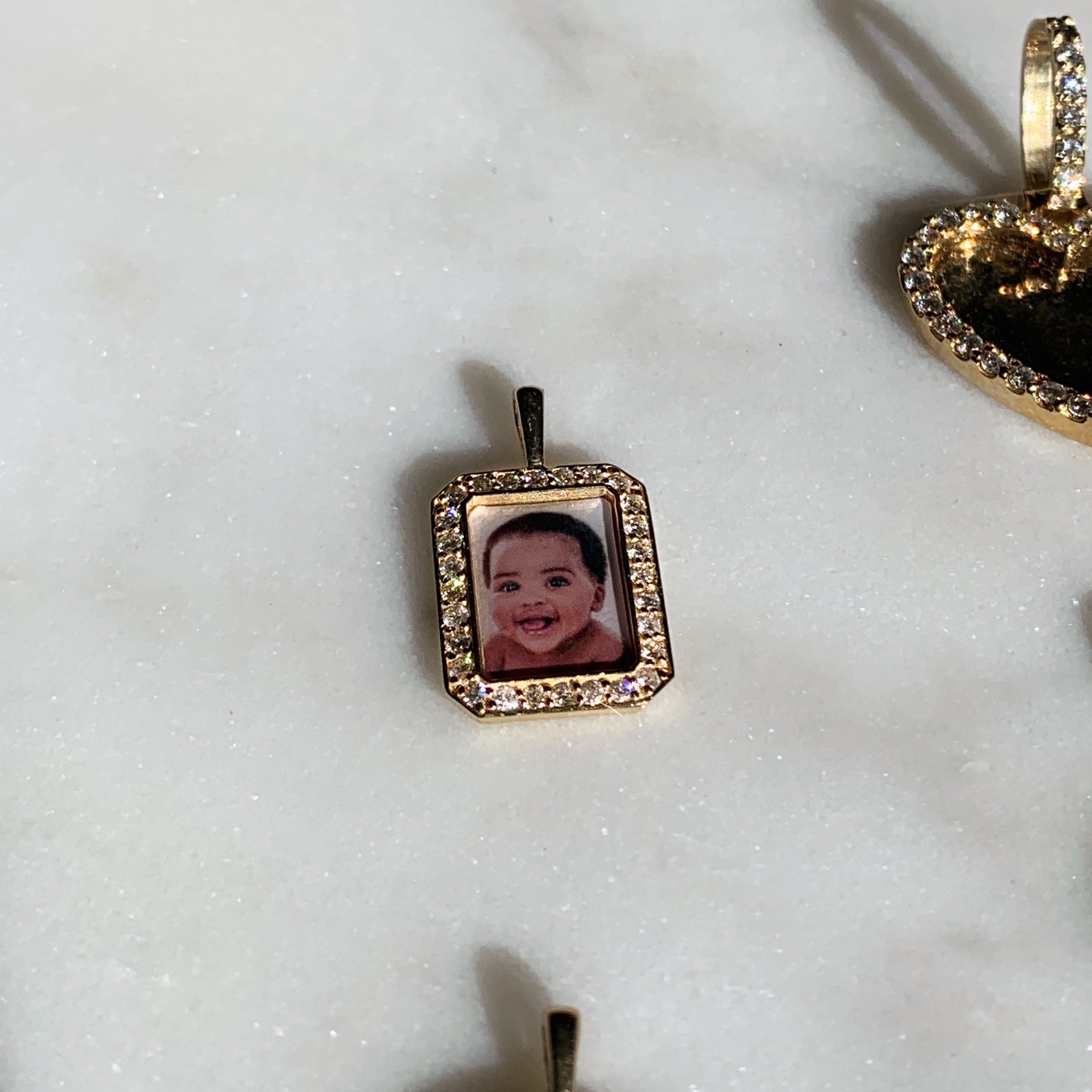 Rectangle 14k Gold and Diamond Photo Pendant