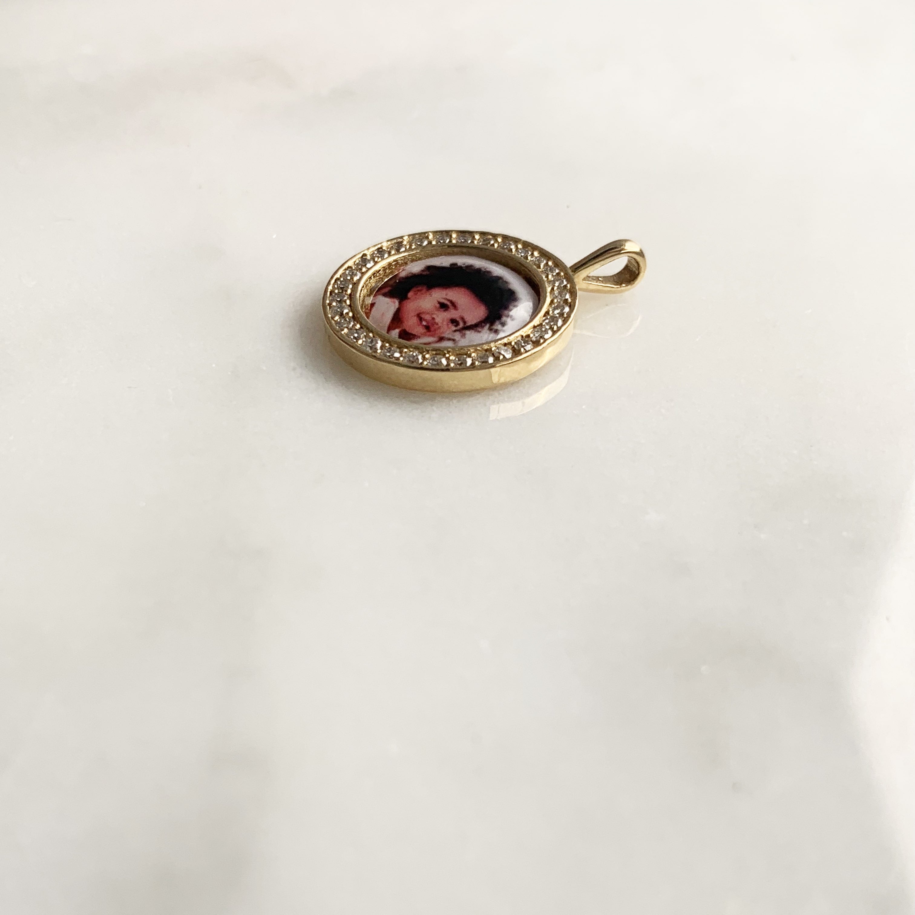 Round 14k Gold and Diamond Photo Pendant