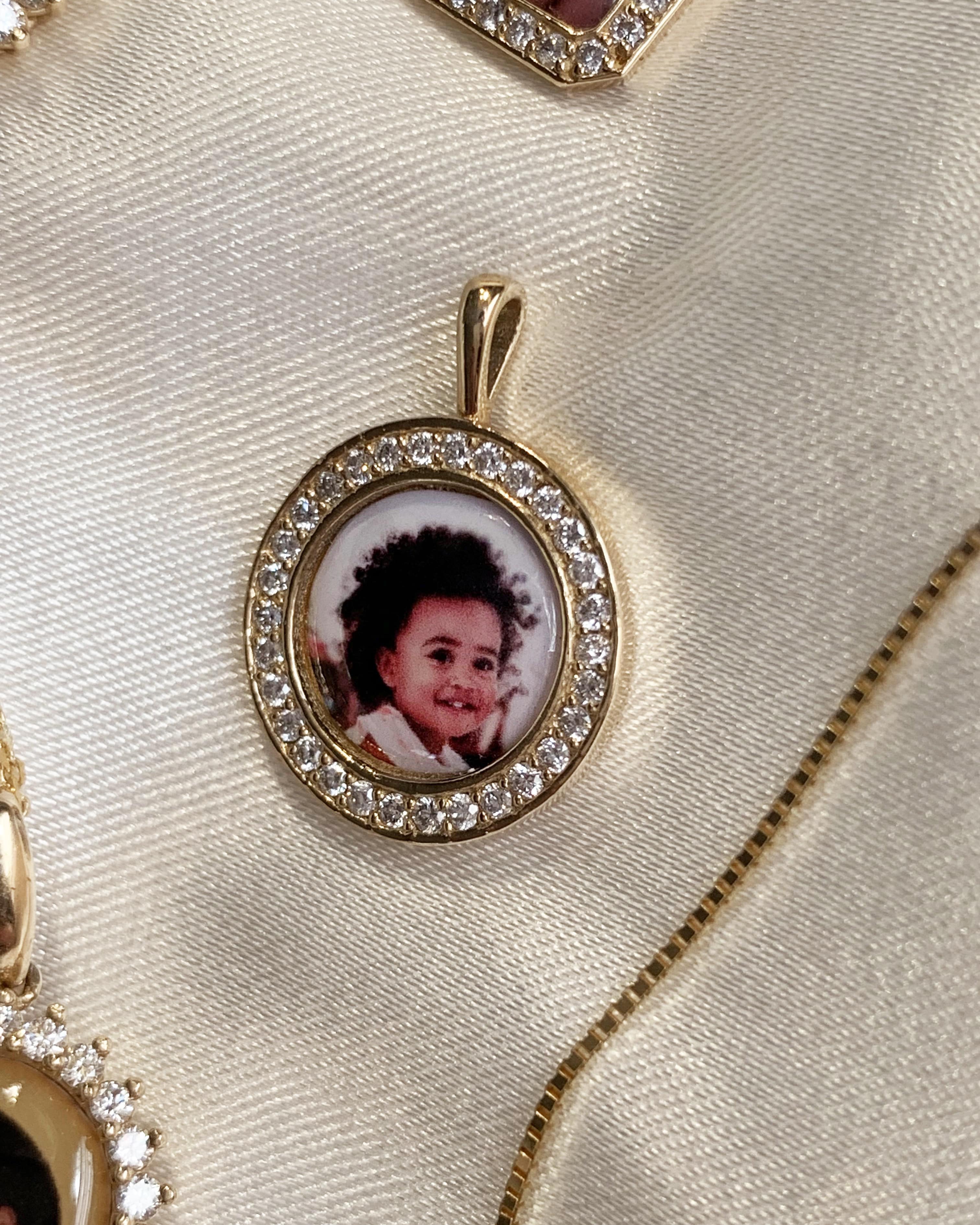 Round 14k Gold and Diamond Photo Pendant