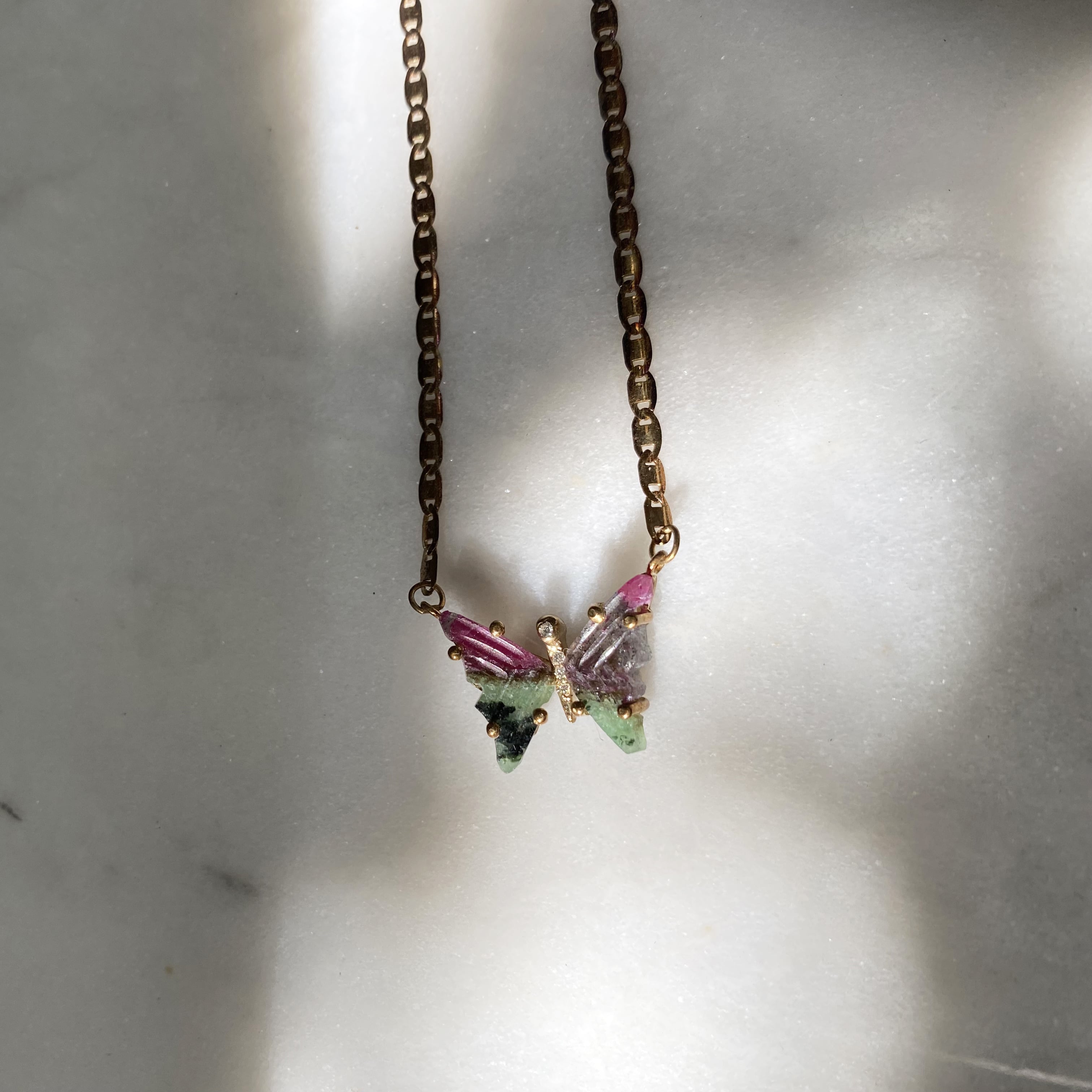 Ruby Zoisite and Diamond Butterfly Necklace