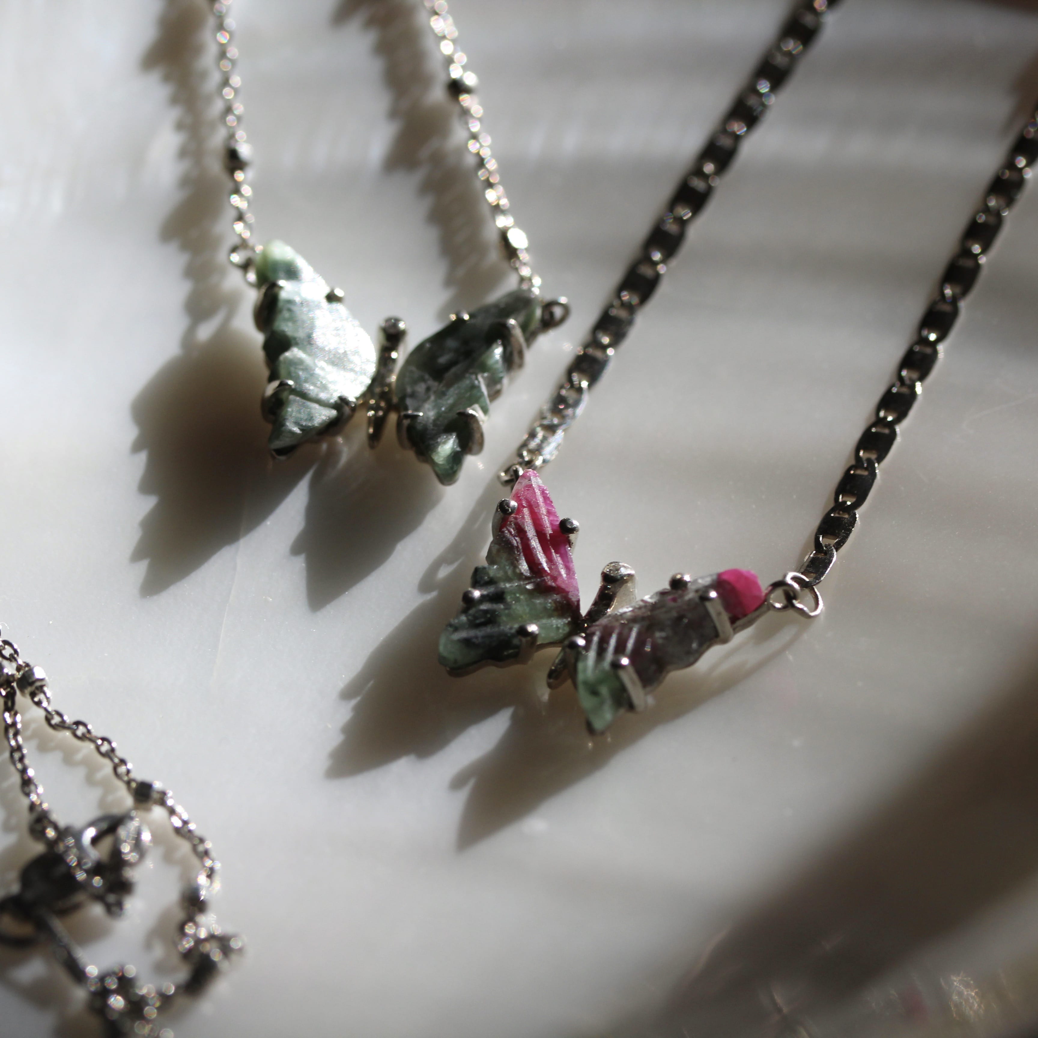 Ruby Zoisite and Diamond Butterfly Necklace