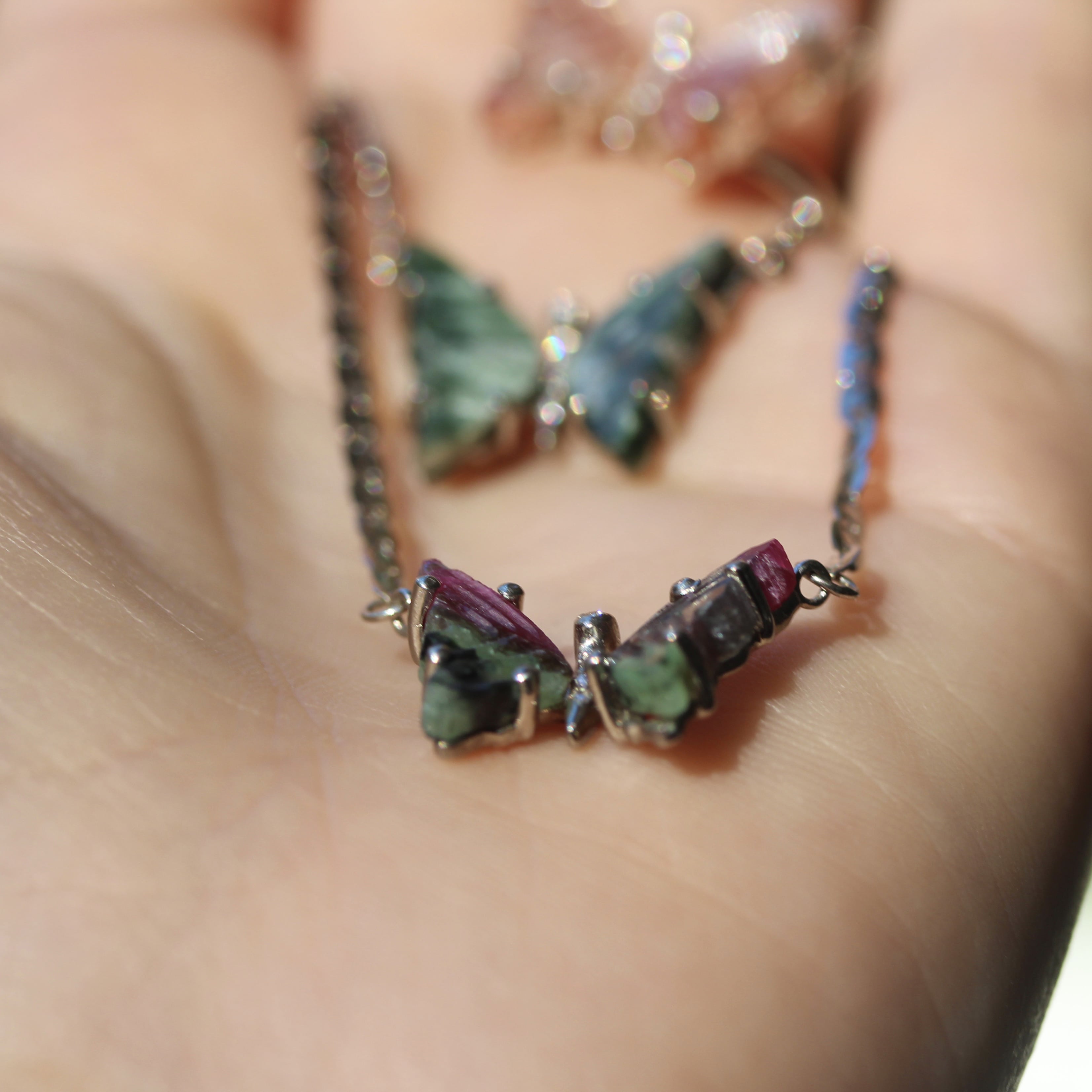 Ruby Zoisite and Diamond Butterfly Necklace