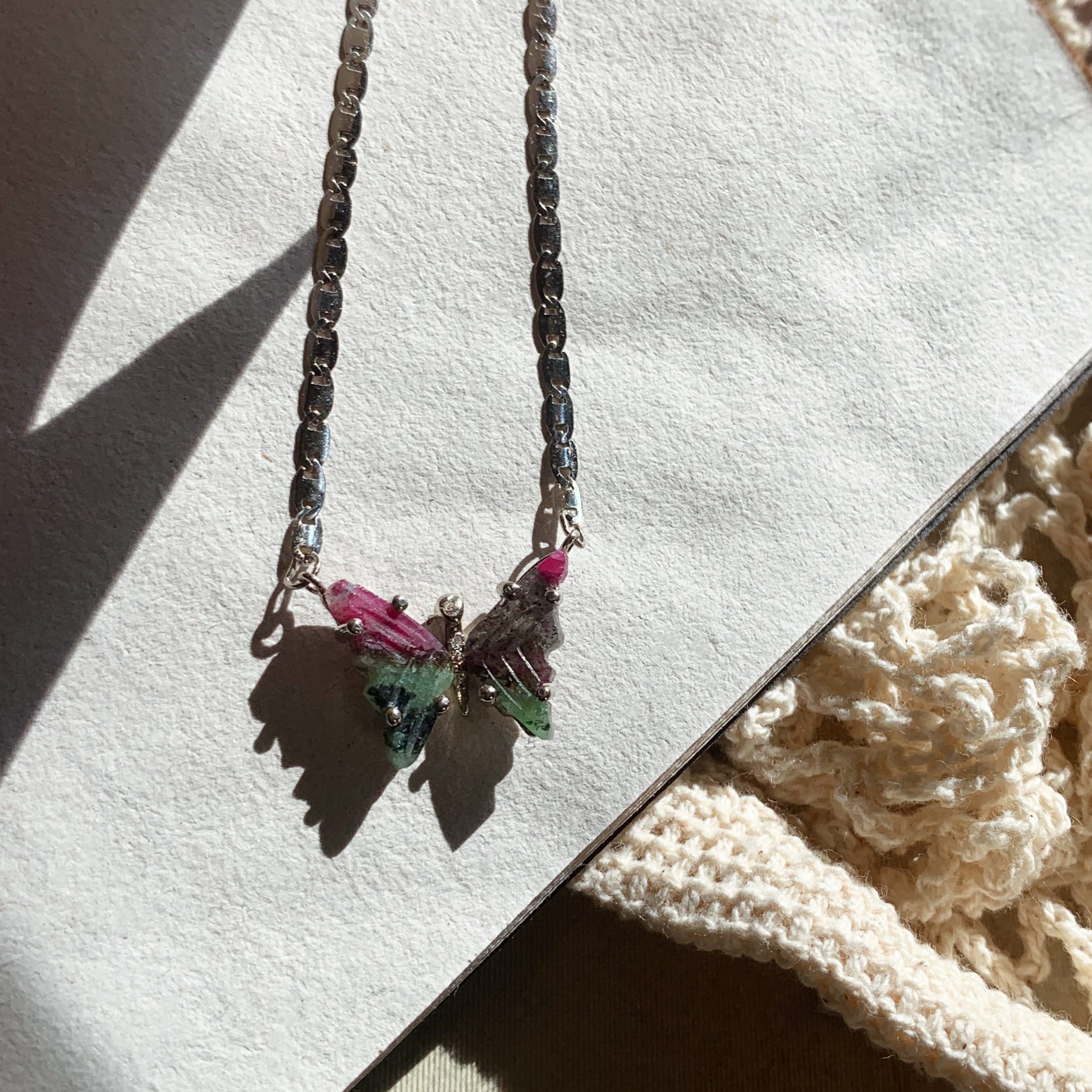 Ruby Zoisite and Diamond Butterfly Necklace