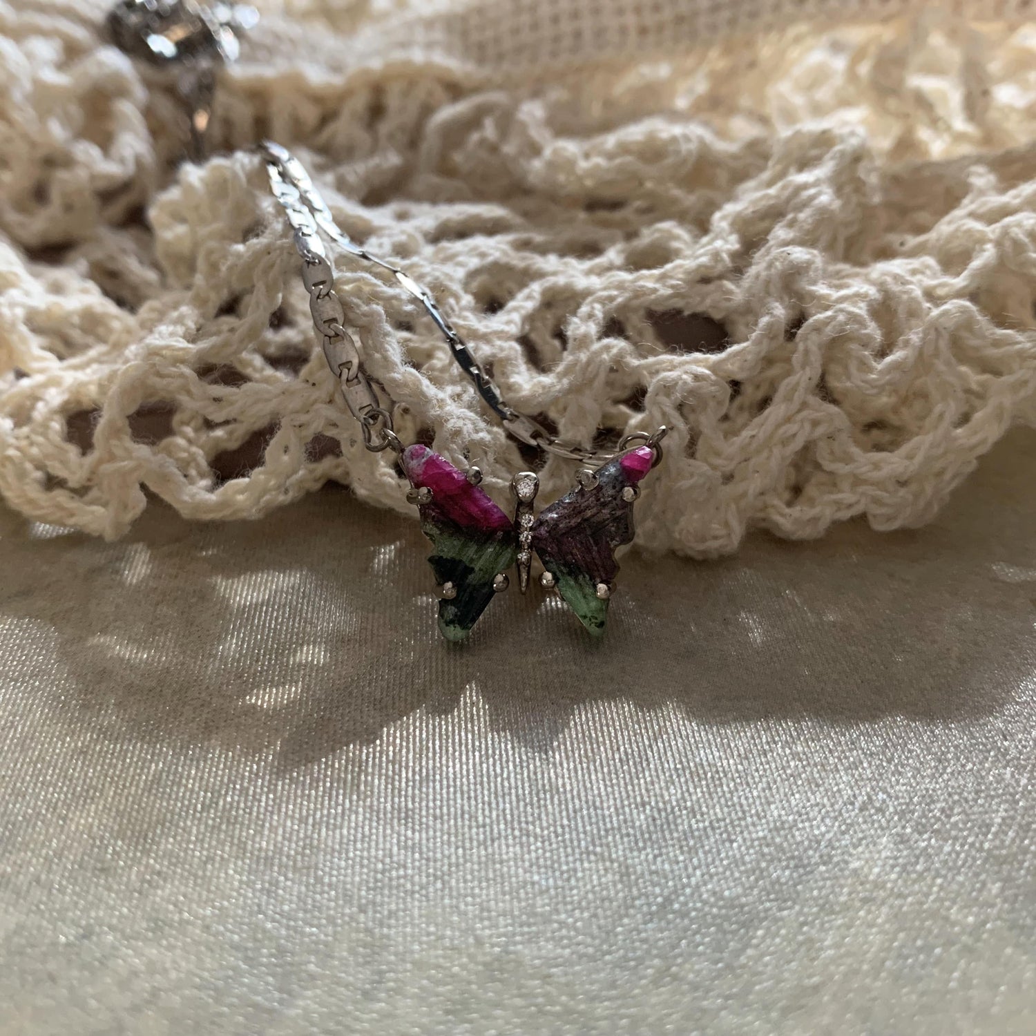 Ruby Zoisite and Diamond Butterfly Necklace