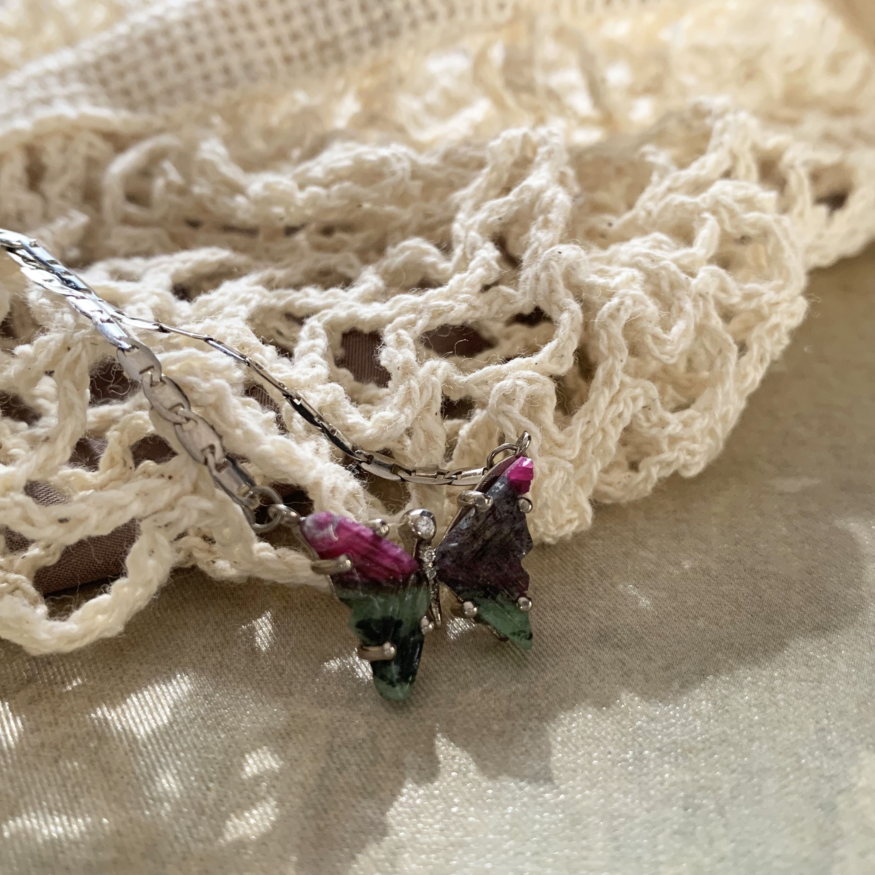 Ruby Zoisite and Diamond Butterfly Necklace