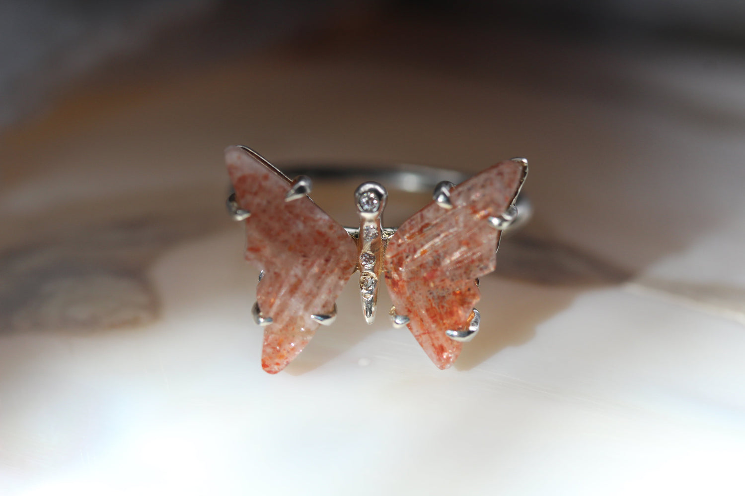 Sunstone and Diamond Butterfly Ring