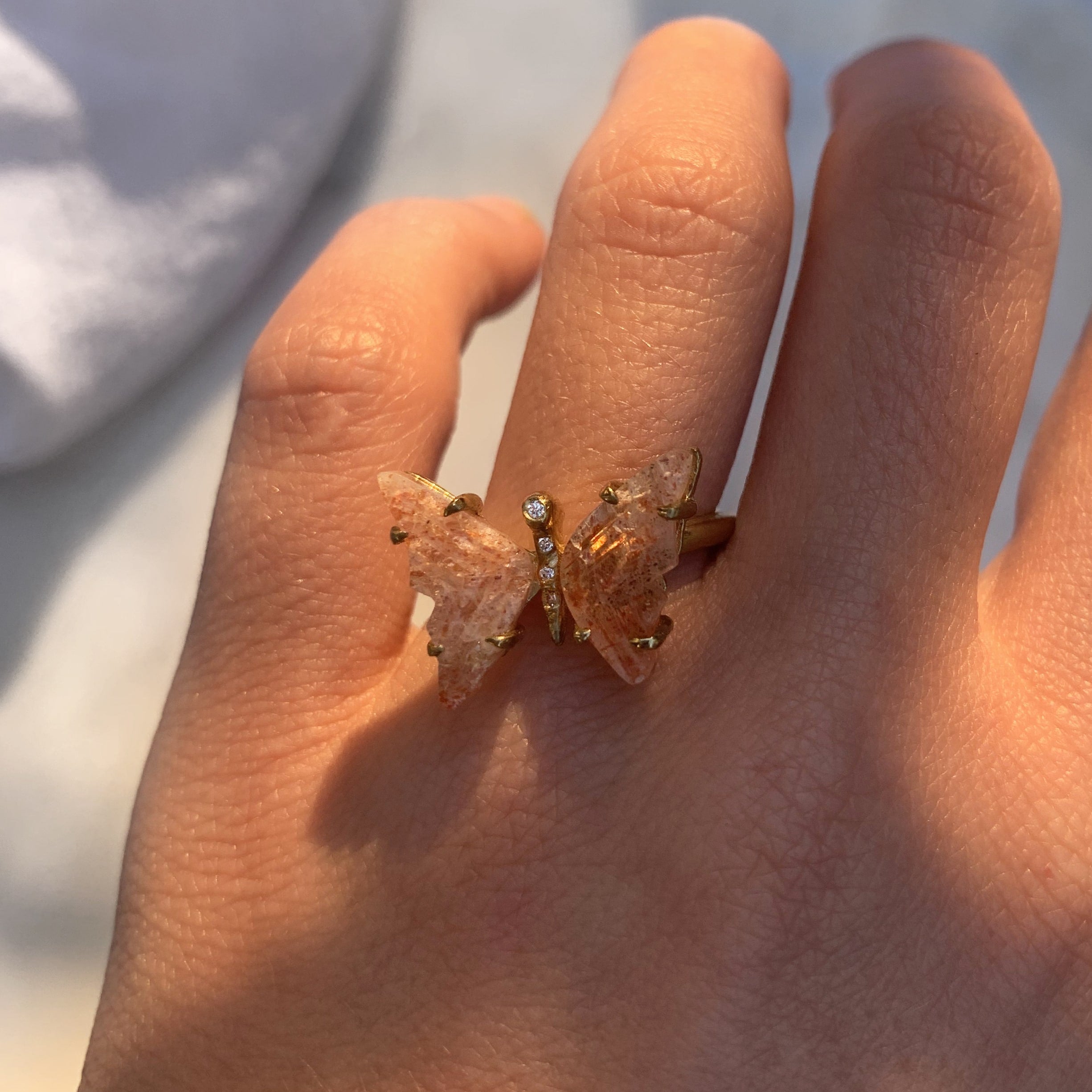 Sunstone and Diamond Butterfly Ring
