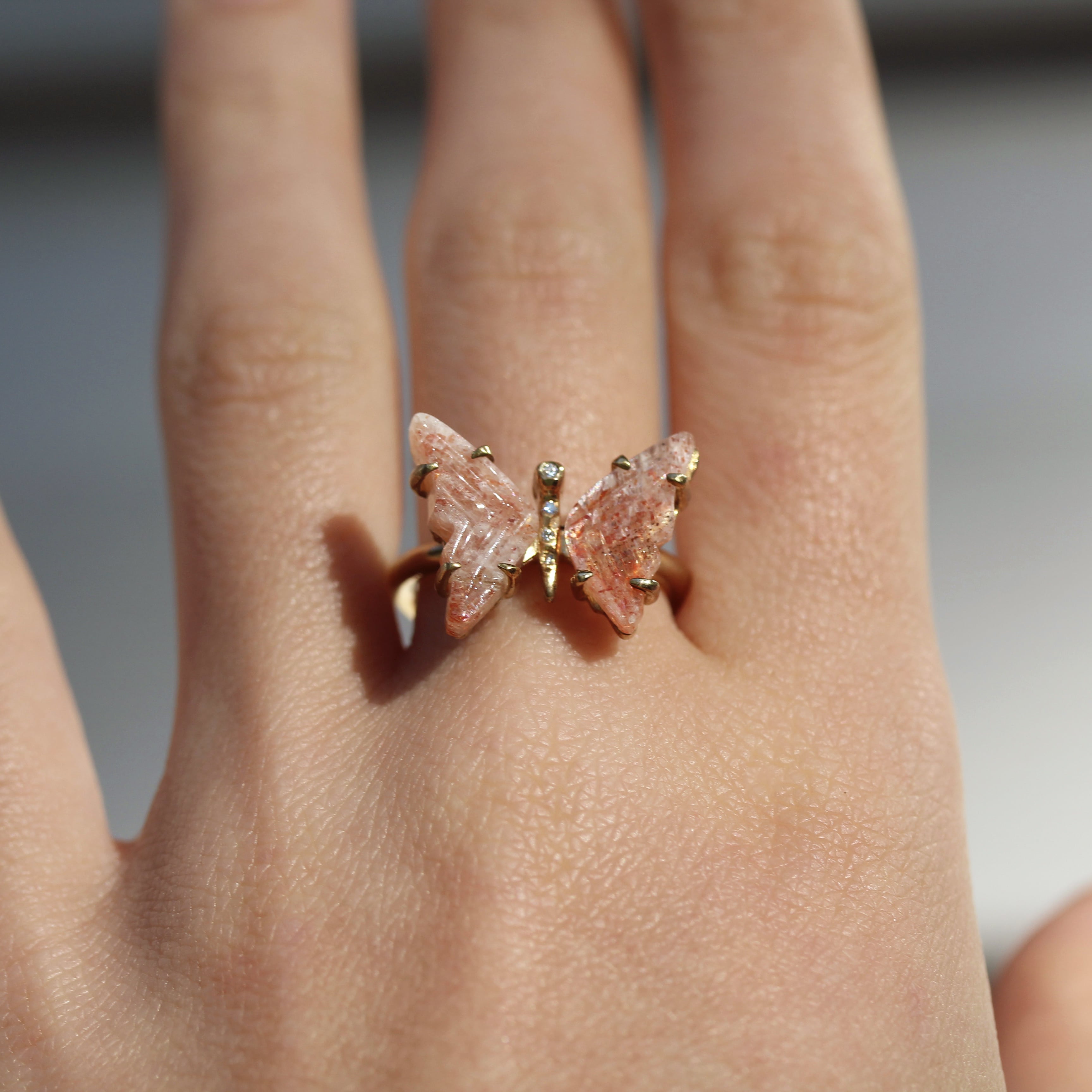 Sunstone and Diamond Butterfly Ring