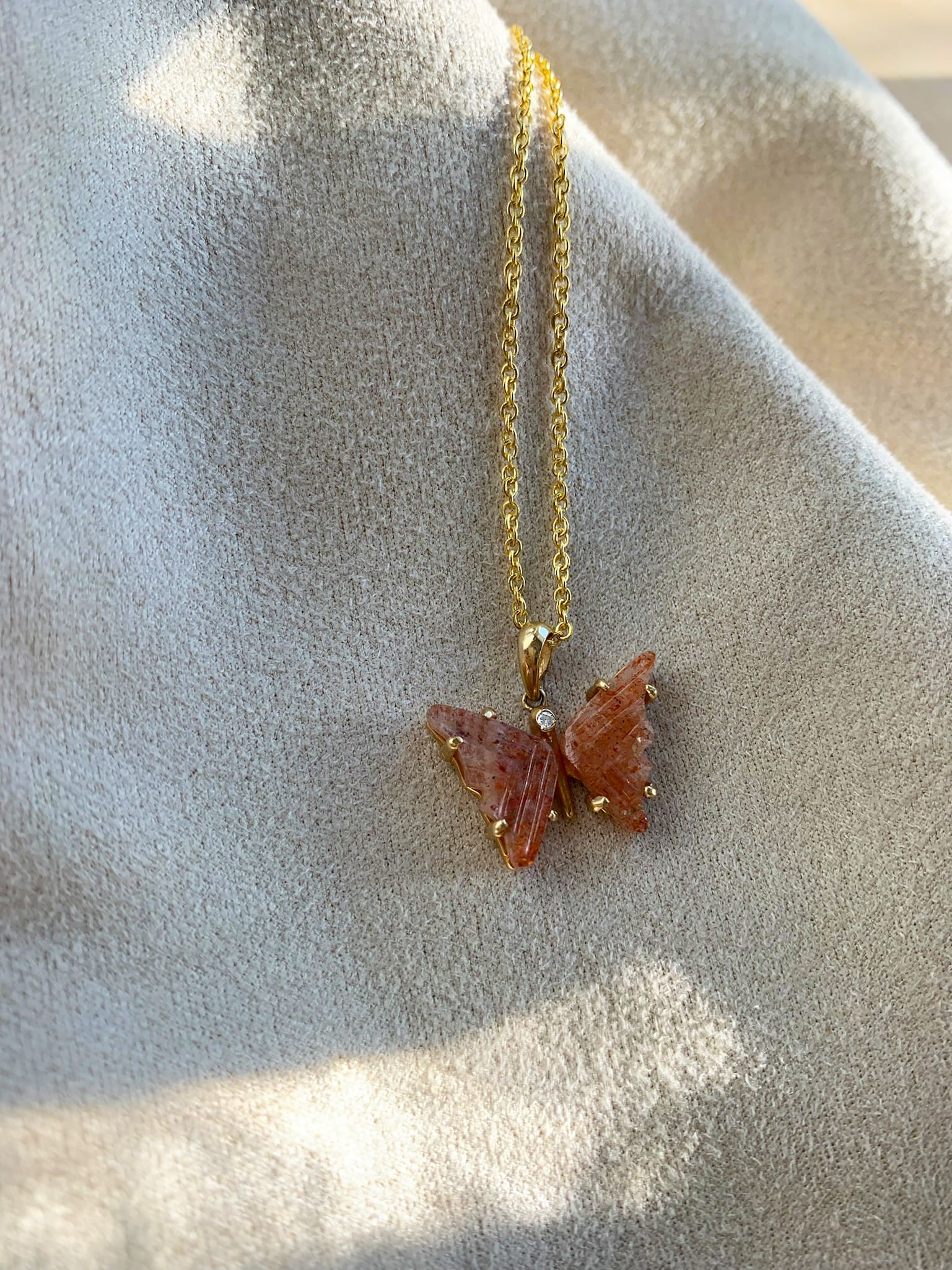 Handmade Gold Sunstone and Diamond Butterfly Pendant