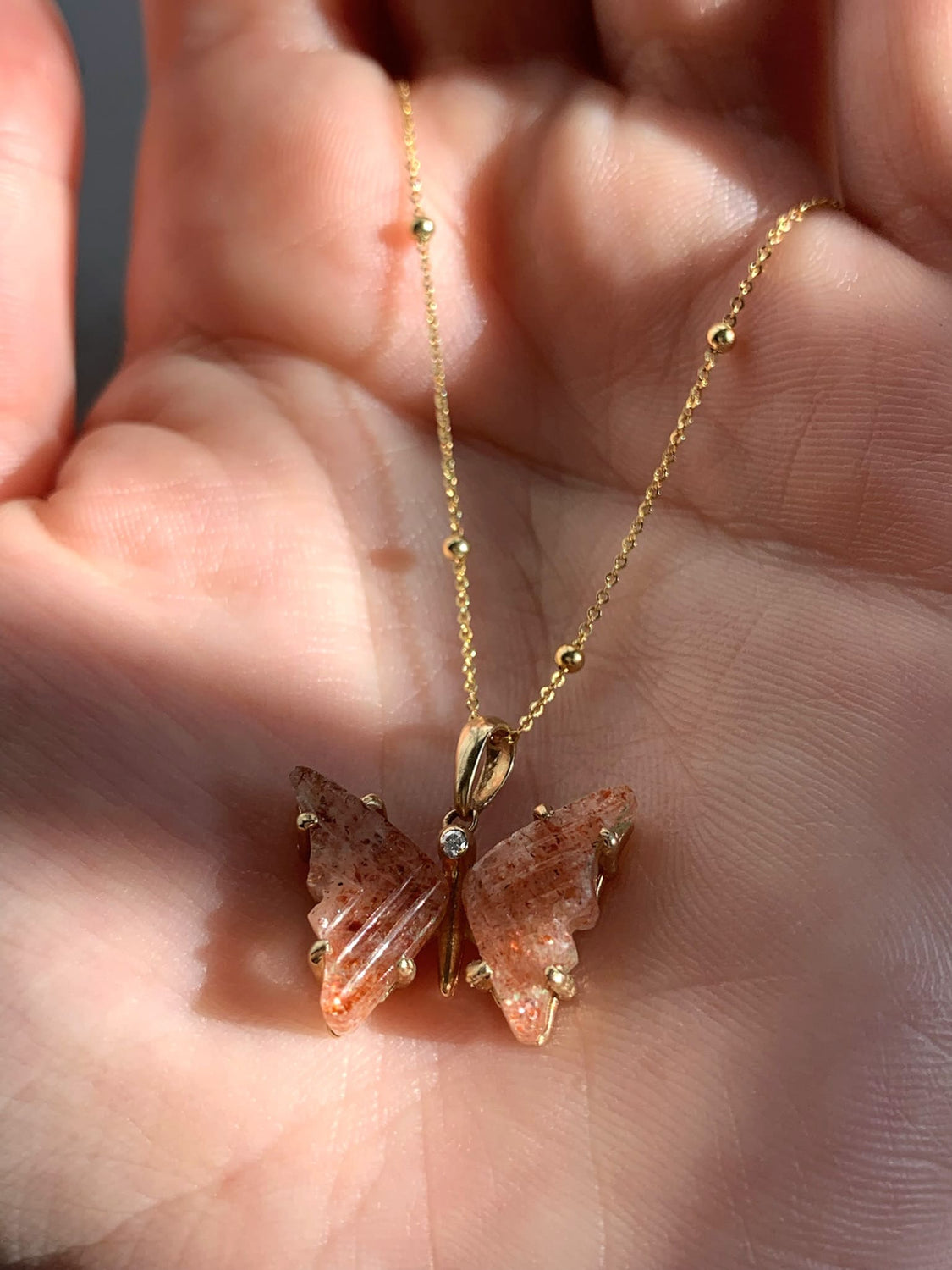 Handmade Gold Sunstone and Diamond Butterfly Pendant