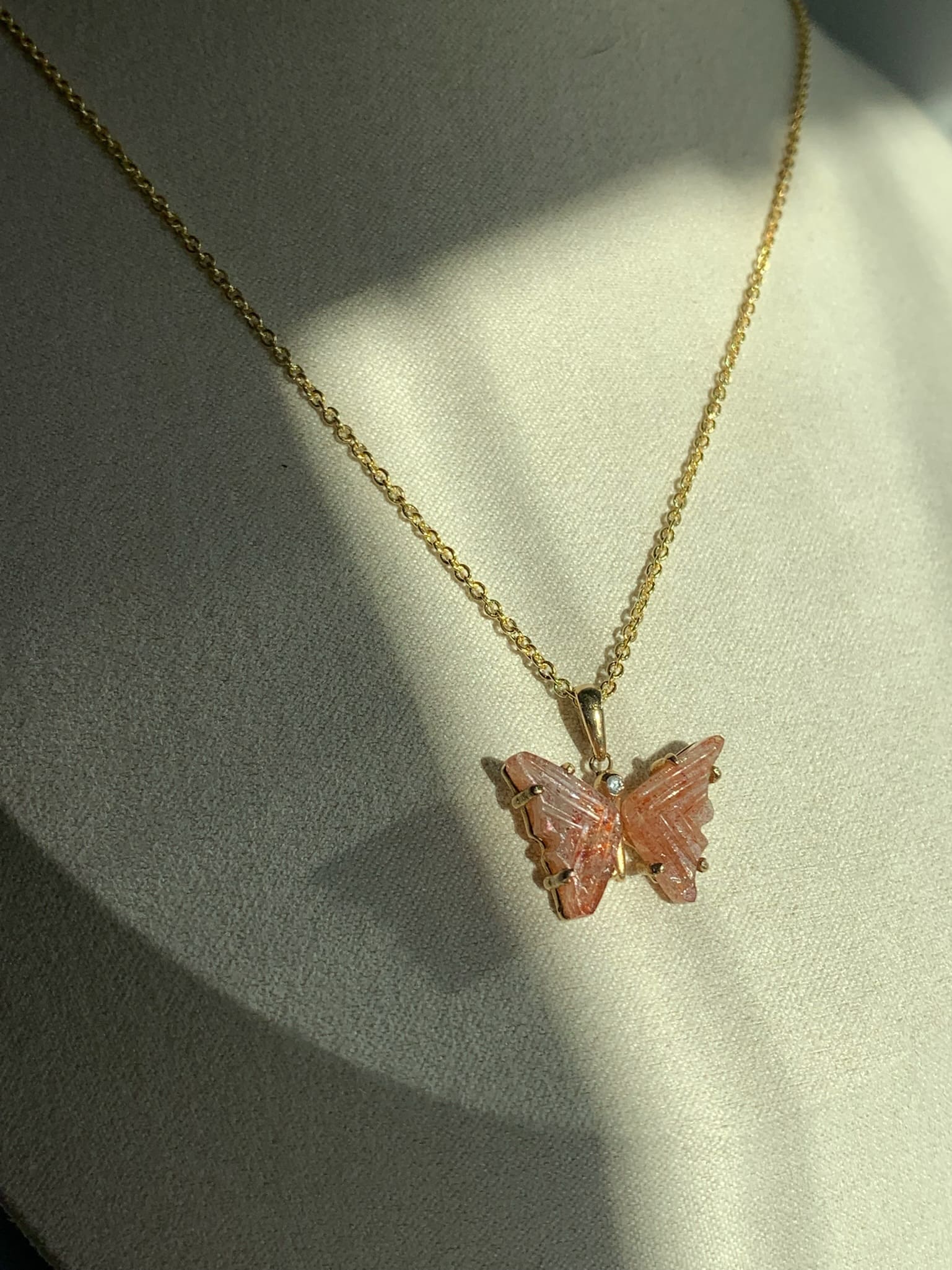 Handmade Gold Sunstone and Diamond Butterfly Pendant