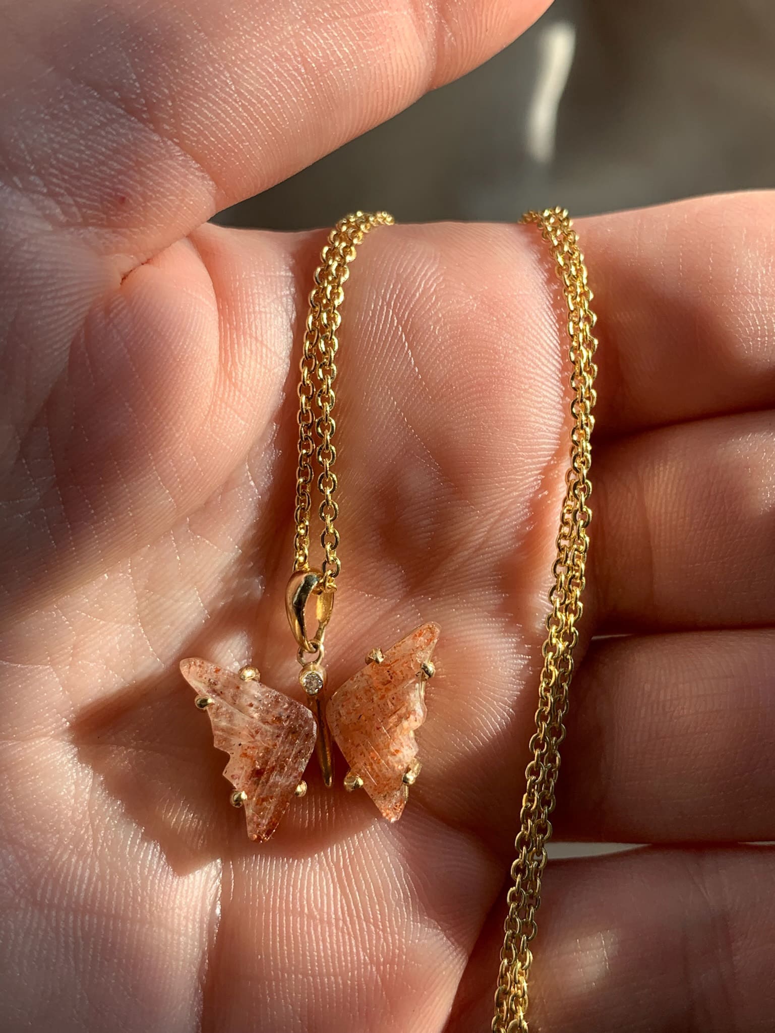 Handmade Gold Sunstone and Diamond Butterfly Pendant