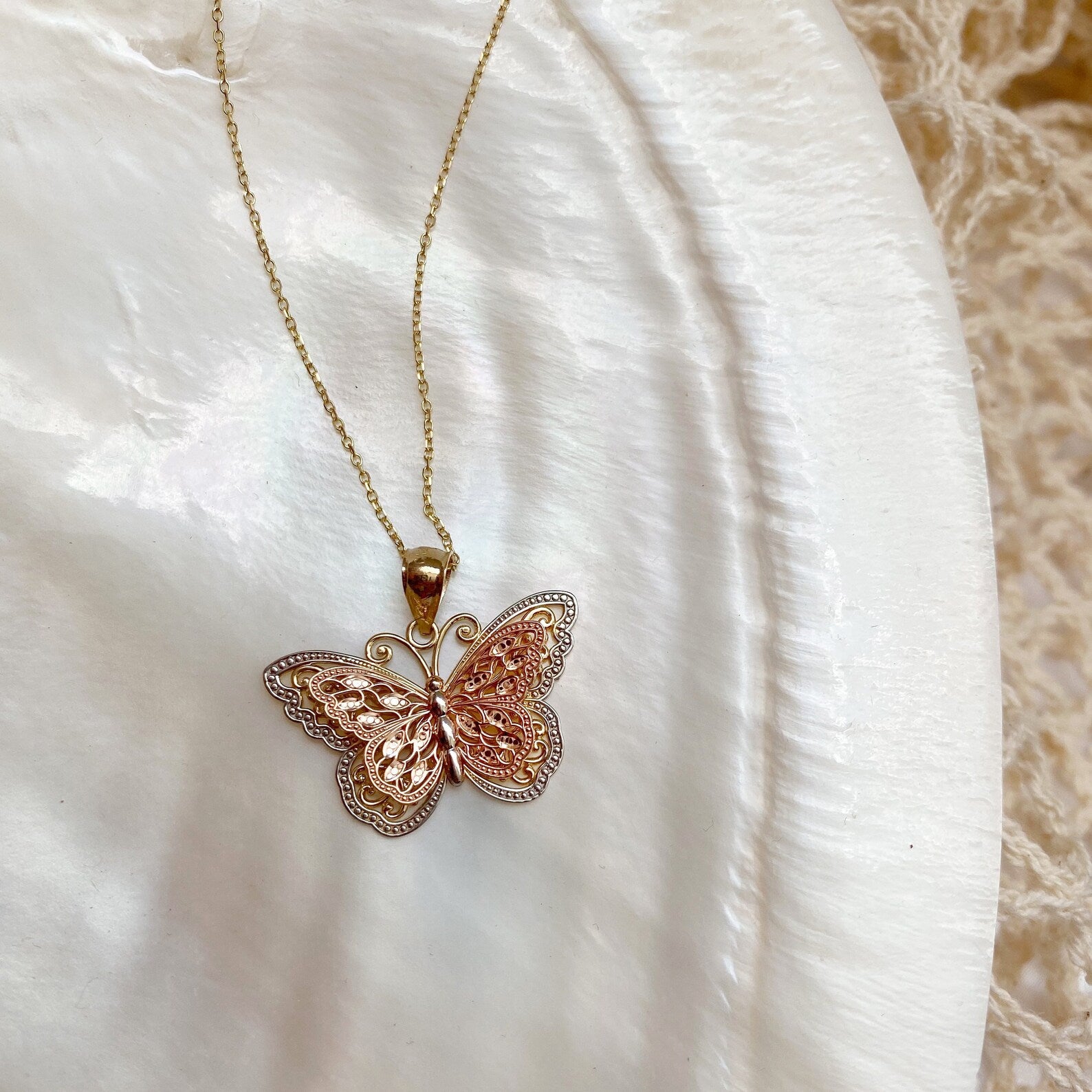 Yellow, White, and Rose Gold Butterfly Necklace