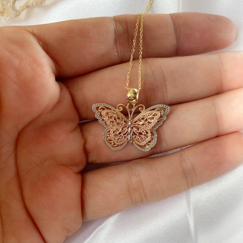 Yellow, White, and Rose Gold Butterfly Necklace