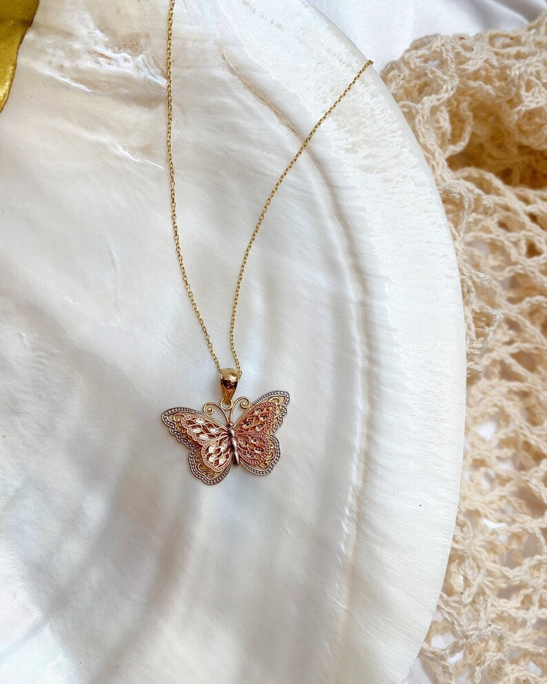 Yellow, White, and Rose Gold Butterfly Necklace