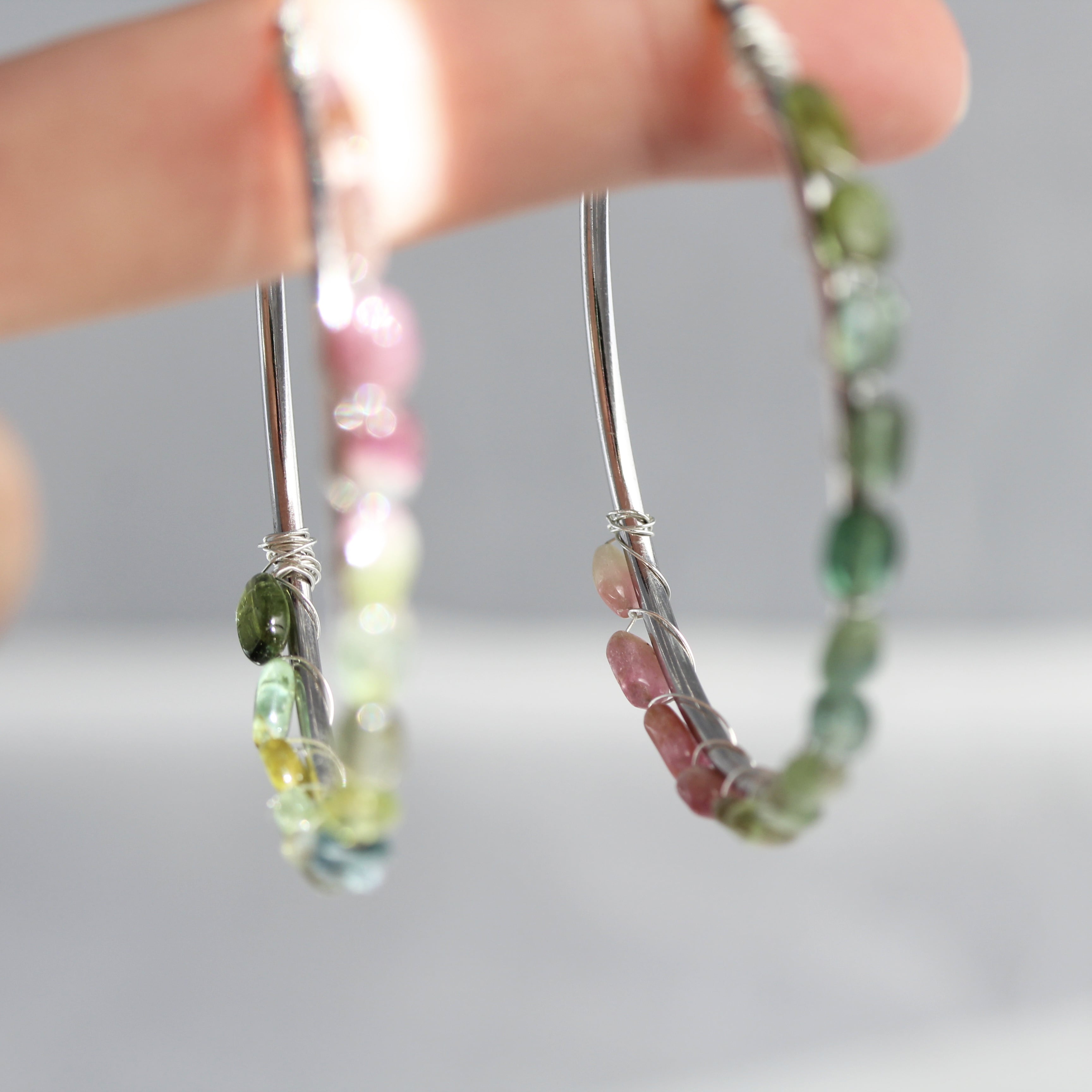 Ombre Pink and Green Tourmaline Hoops